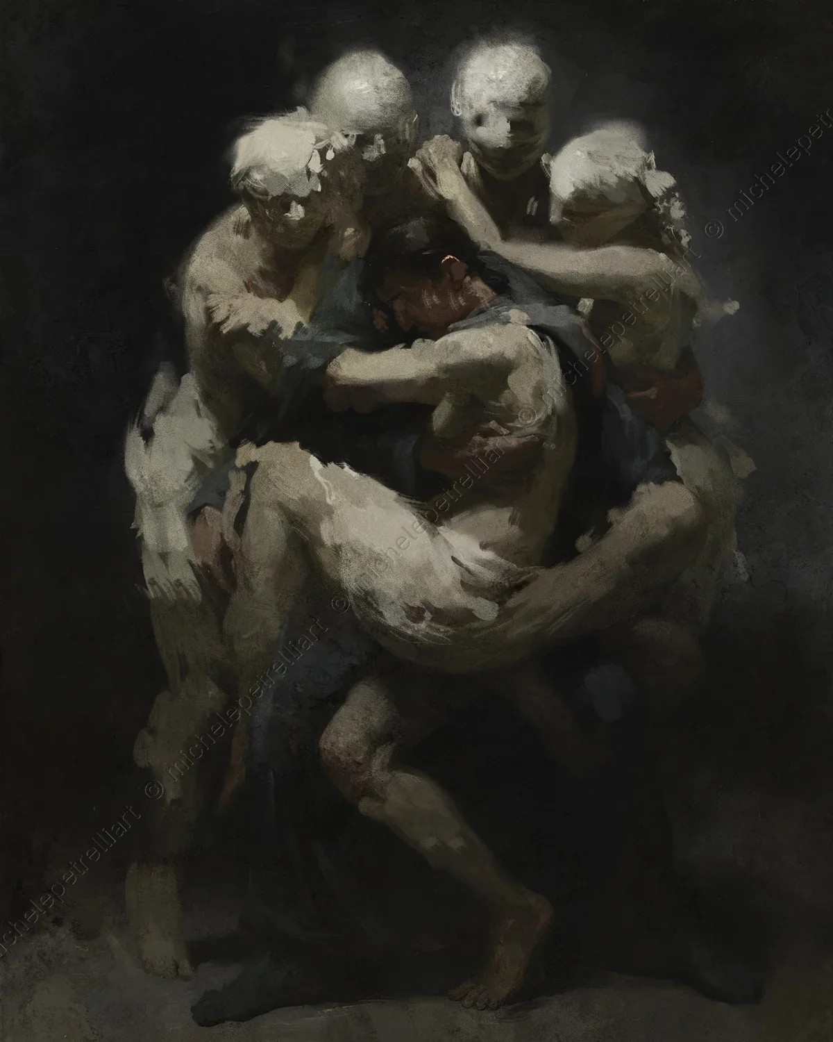 The representation visualizes the toxic and destructive dynamics of a relationship founded on the uninterrupted extraction of vital energy. The centra