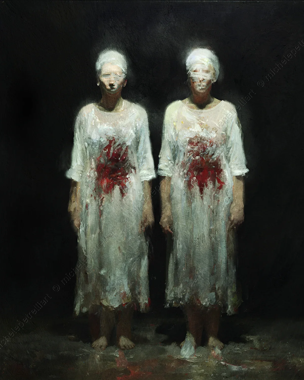 Despite the physical presence of the bodies and the visible drama of the flesh (the red), there is no 'self' or soul inhabiting these structures. They