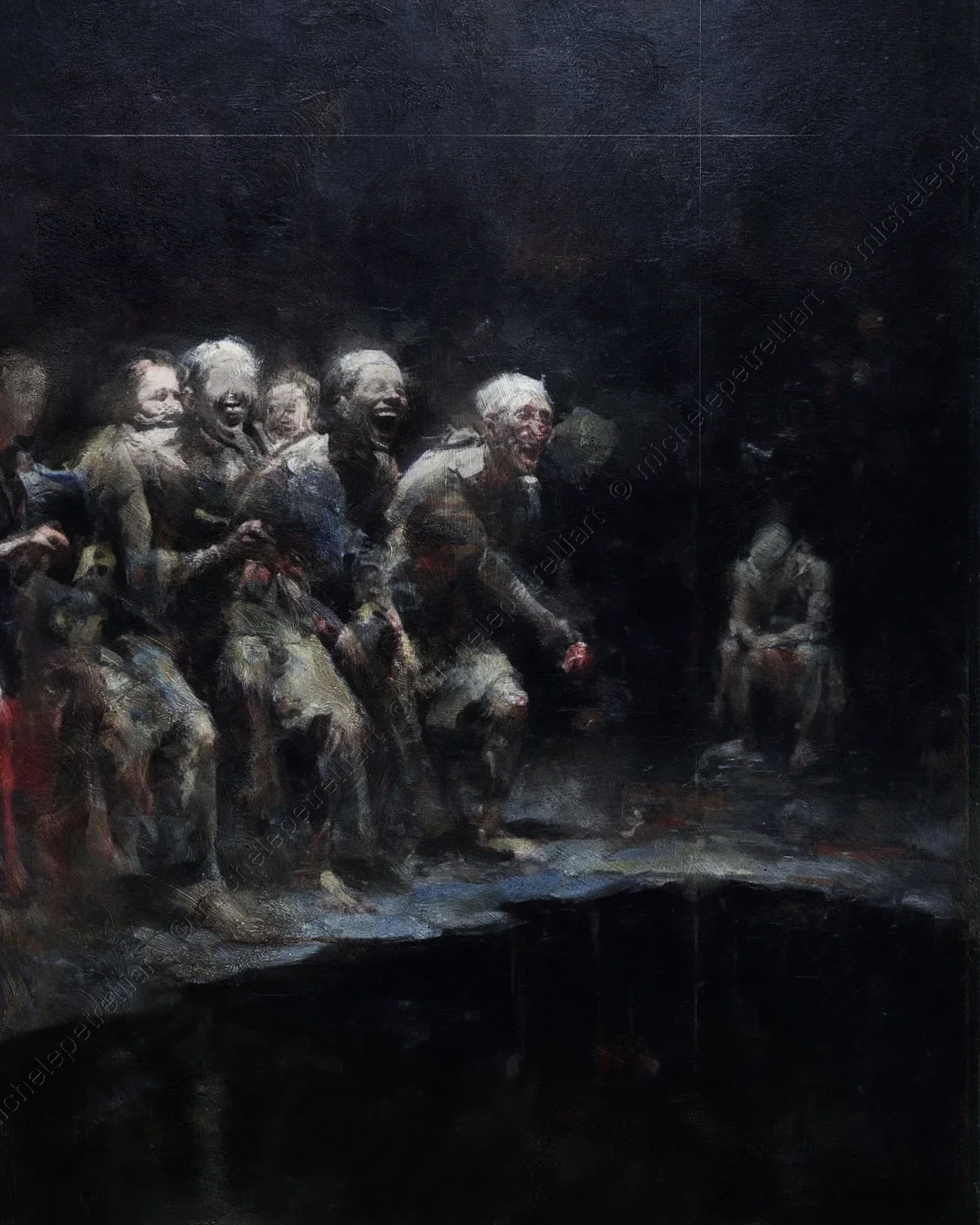 Figures laugh uproariously toward the abyss, while the observer watches helplessly.
Easier the easy laugh than facing the void. Mad joy ignores the pr