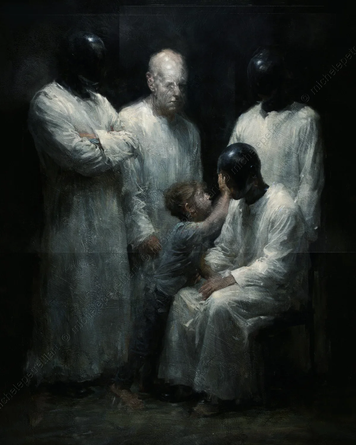 The painting embodies the collision between the living flesh of childhood and the synthetic void of the adult condition. Four human figures, draped in