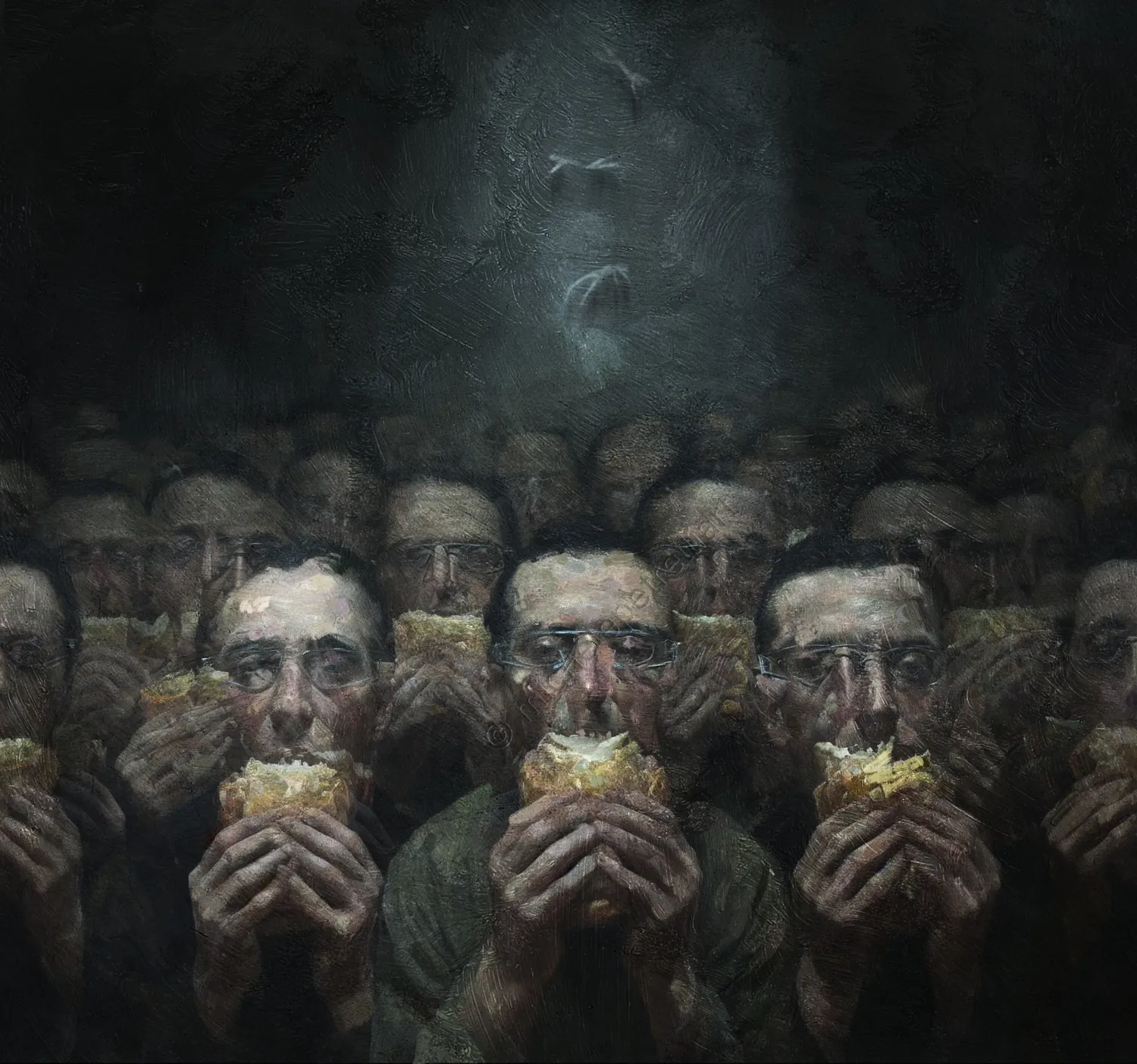 The work serves as a ruthless critique of the bulimia of visual consumption and the passivity of contemporary man. The title itself creates a brutal c