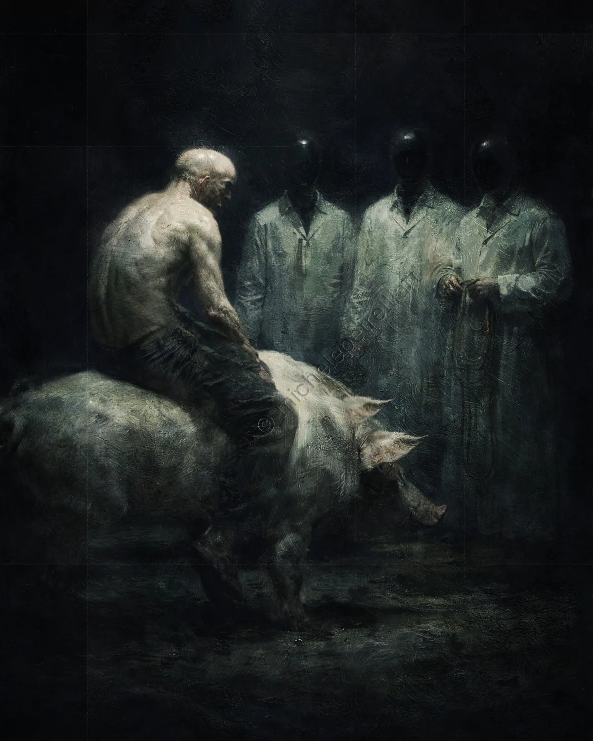 The human figure appears in a state of total abandonment, a mass of flesh folded upon itself, having relinquished all muscular tension. His nudity exp