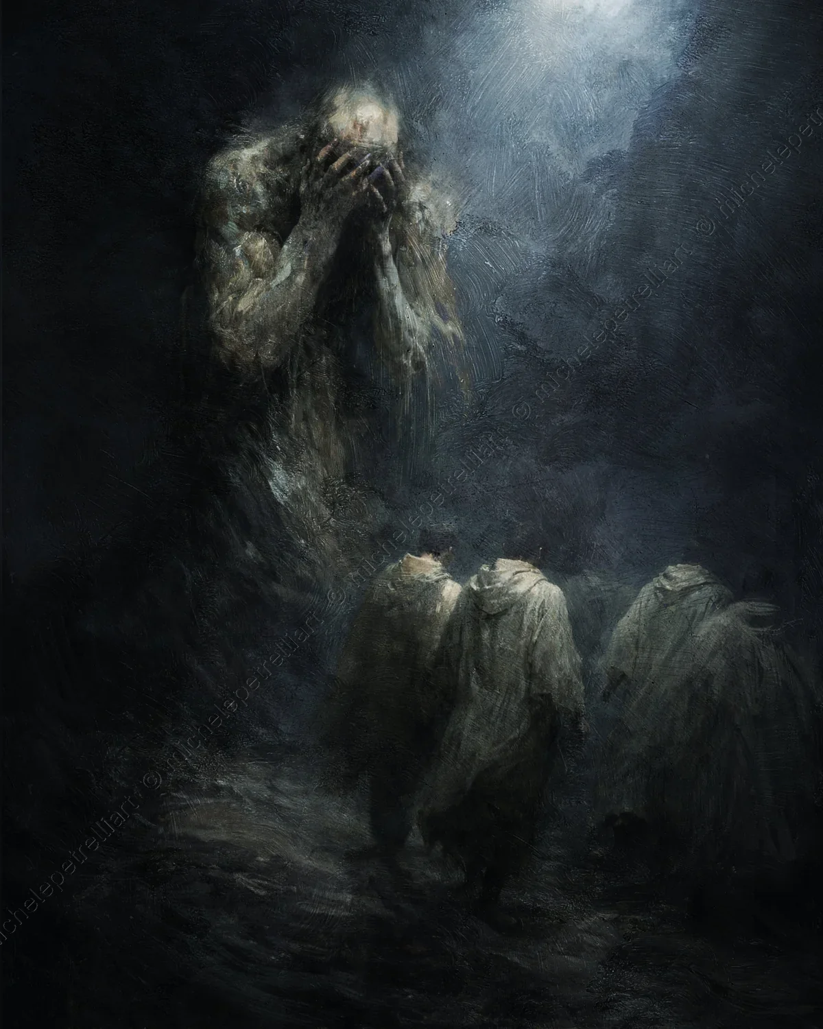 
        The image portrays the exact moment in which humanity — understood as a bond, empathy, and mutual recognition — withdraws, leaving behind a c