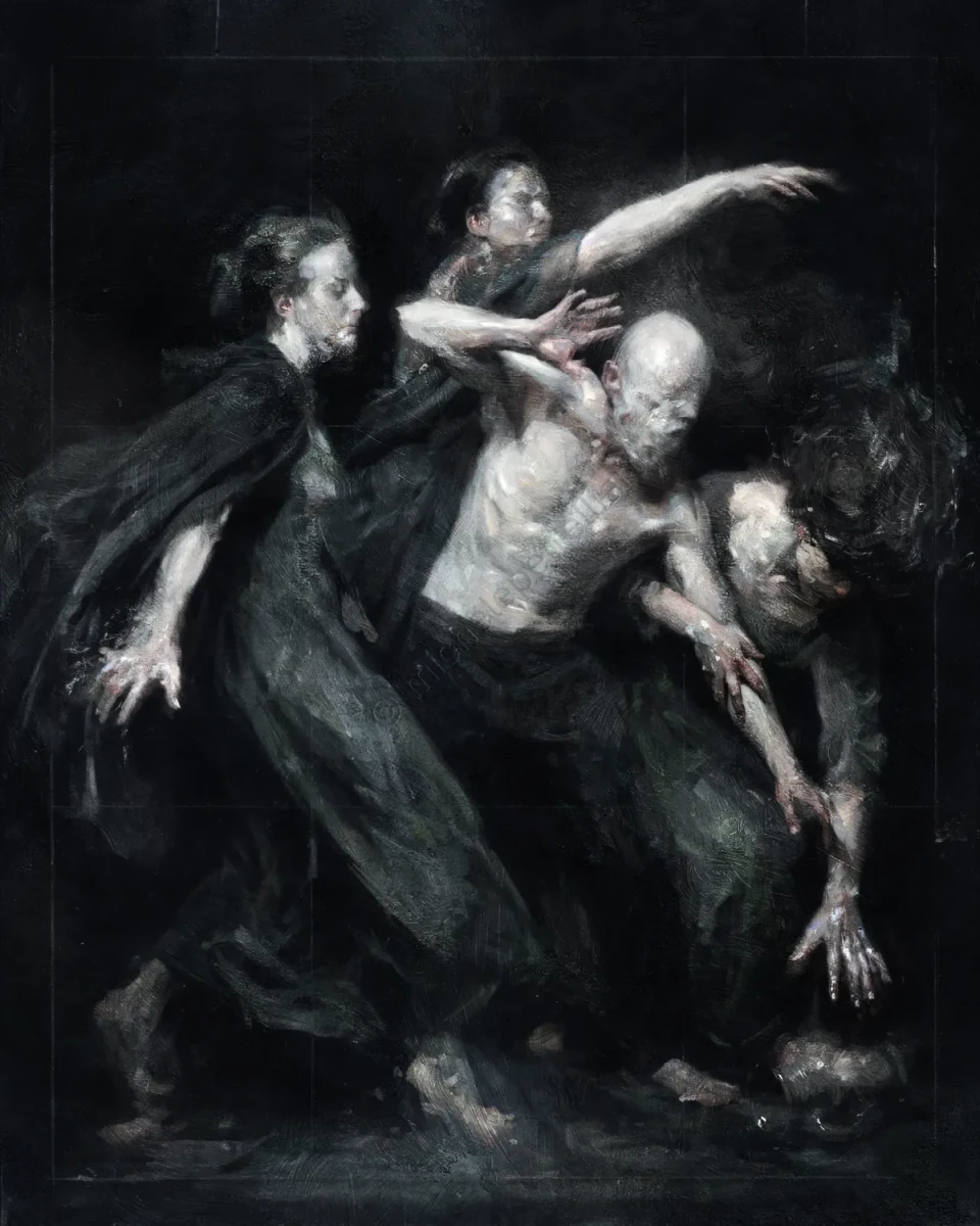 The painting is a somber and tactile vision, where four figures struggle to emerge from an obscurity that envelops them like a second skin. Three wome