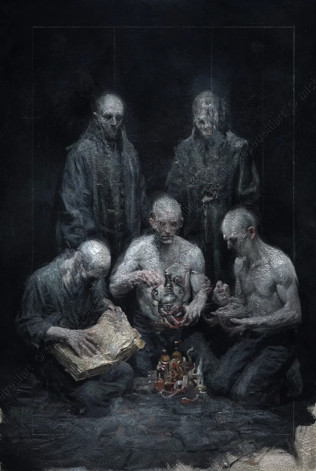 The scene is somber, monochromatic, where deep shadows define the contours of the ashen figures and tools, while a beam of cold light from above revea