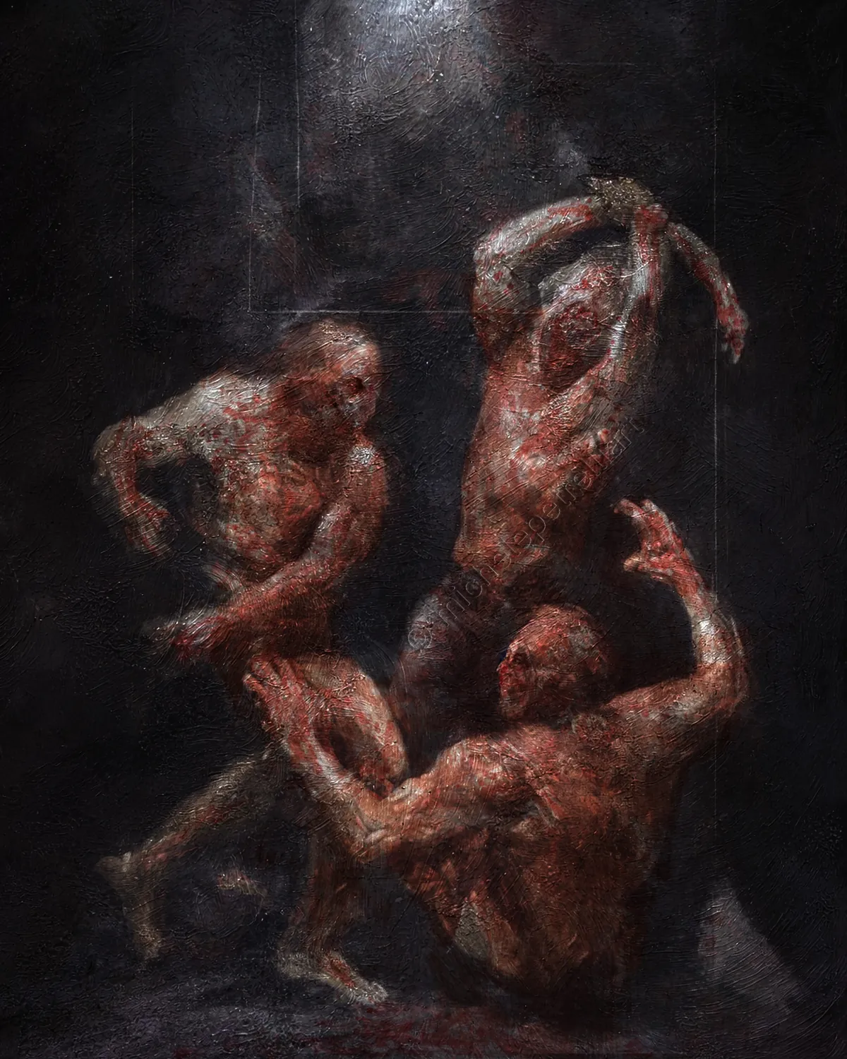 The figures immersed in this bituminous space act driven by a kinetic mechanics where every attack constitutes the specular reflection of a previous e