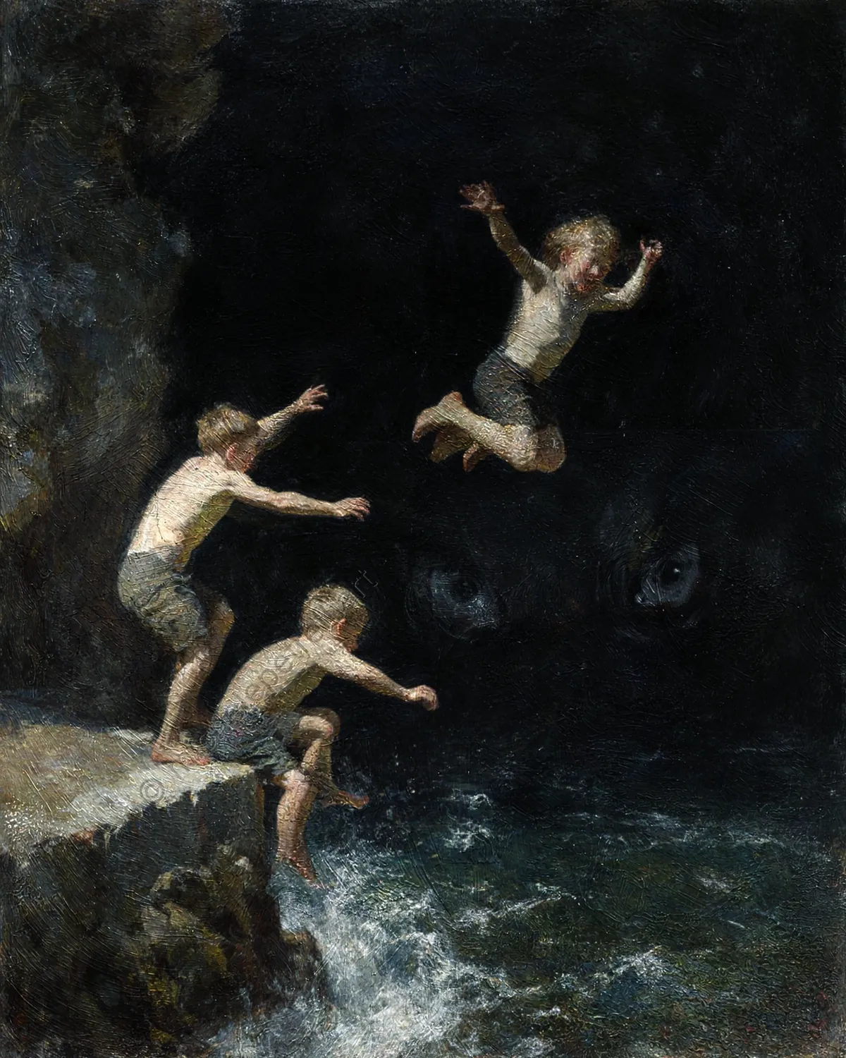 This artwork transforms a moment of apparent youthful leisure into a powerful existential metaphor, using the title as a fundamental tool to distance 