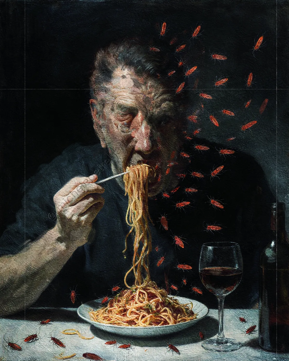 The work portrays the breaking point between interior discipline and the inevitability of biological reaction. At the center of the scene, a man is en
