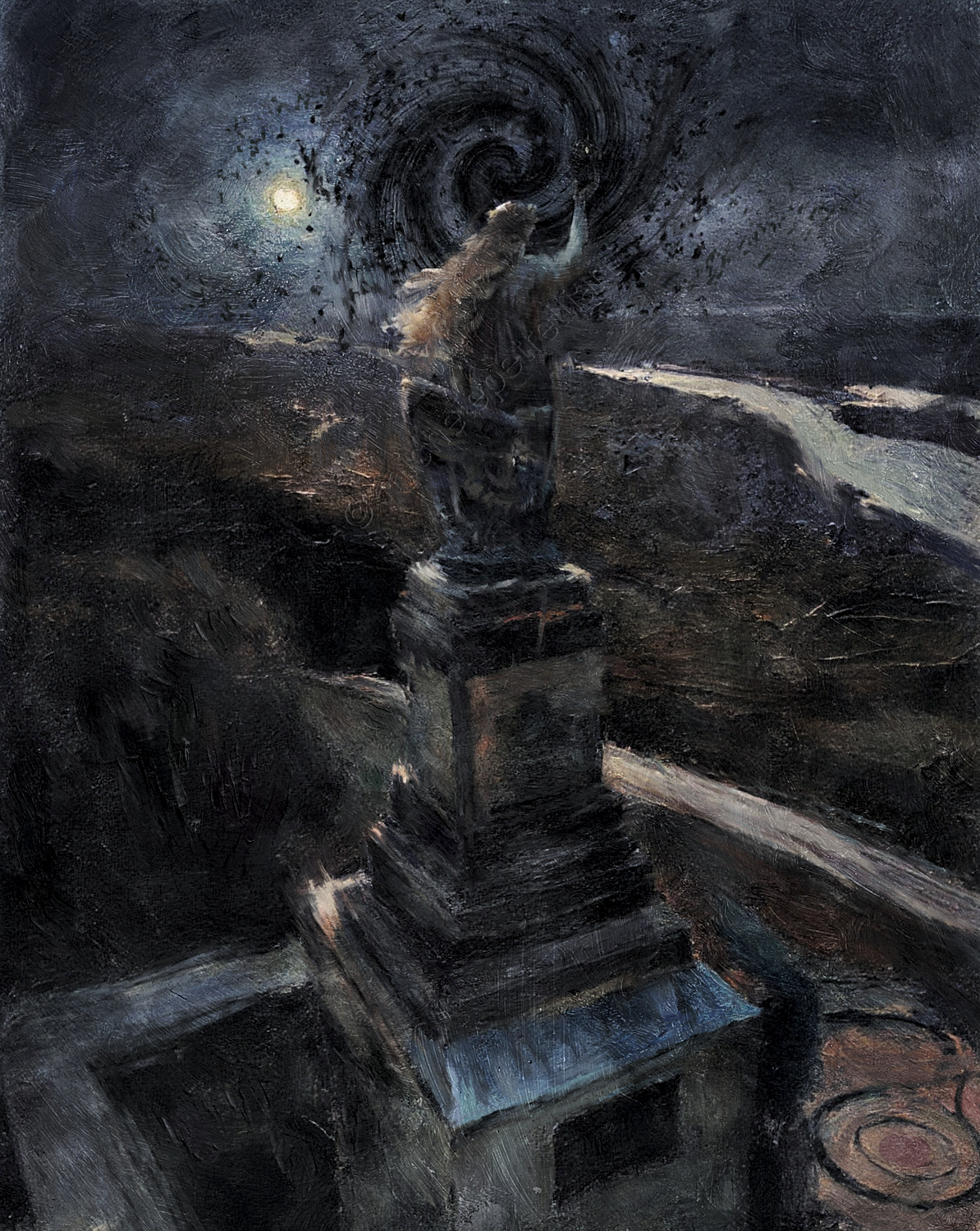 A black and obsessive vortex has invaded the night above the Niederwalddenkmal, wrapping the figure of Germania in an unstoppable spiral that swallows