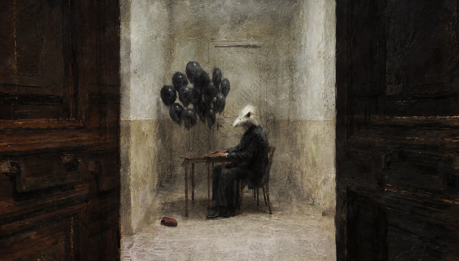 The seated figure does not appear as a simple vendor, but rather as a predatory presence exploiting a universal symbol of childhood and celebration, t