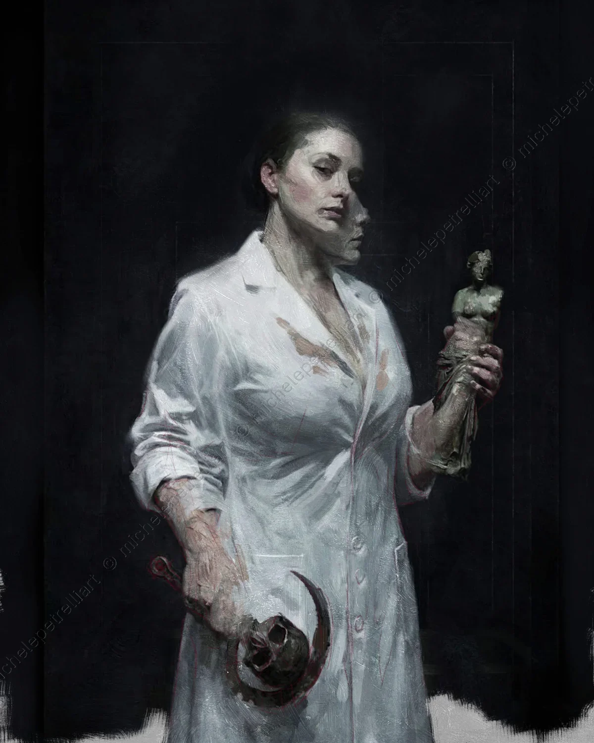 The work stands as a modern and ruthless reinterpretation of the classical theme of Vanitas. The message acts as a direct frontal indictment.

At the 