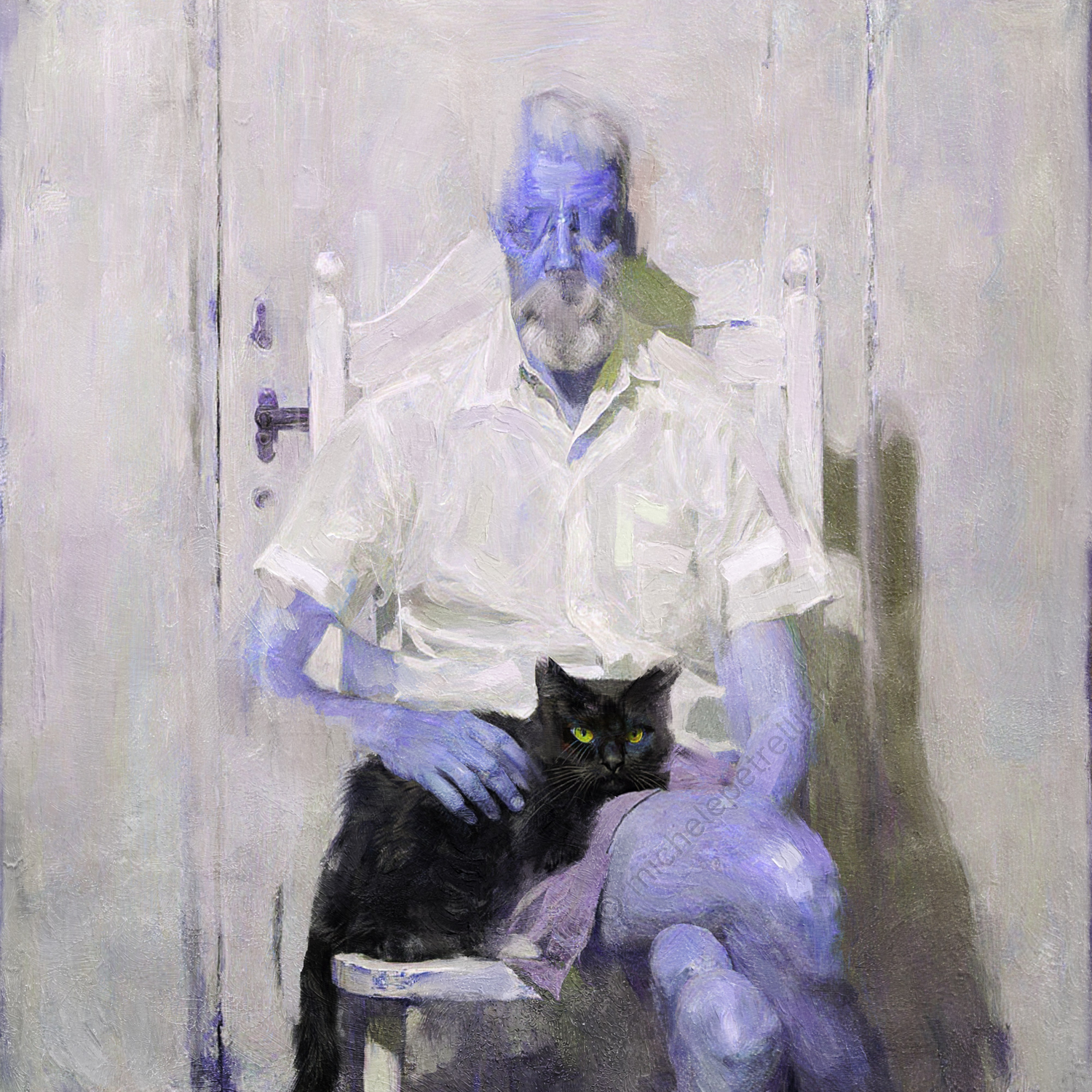 4359 Self-portrait with cat in front of a closed door