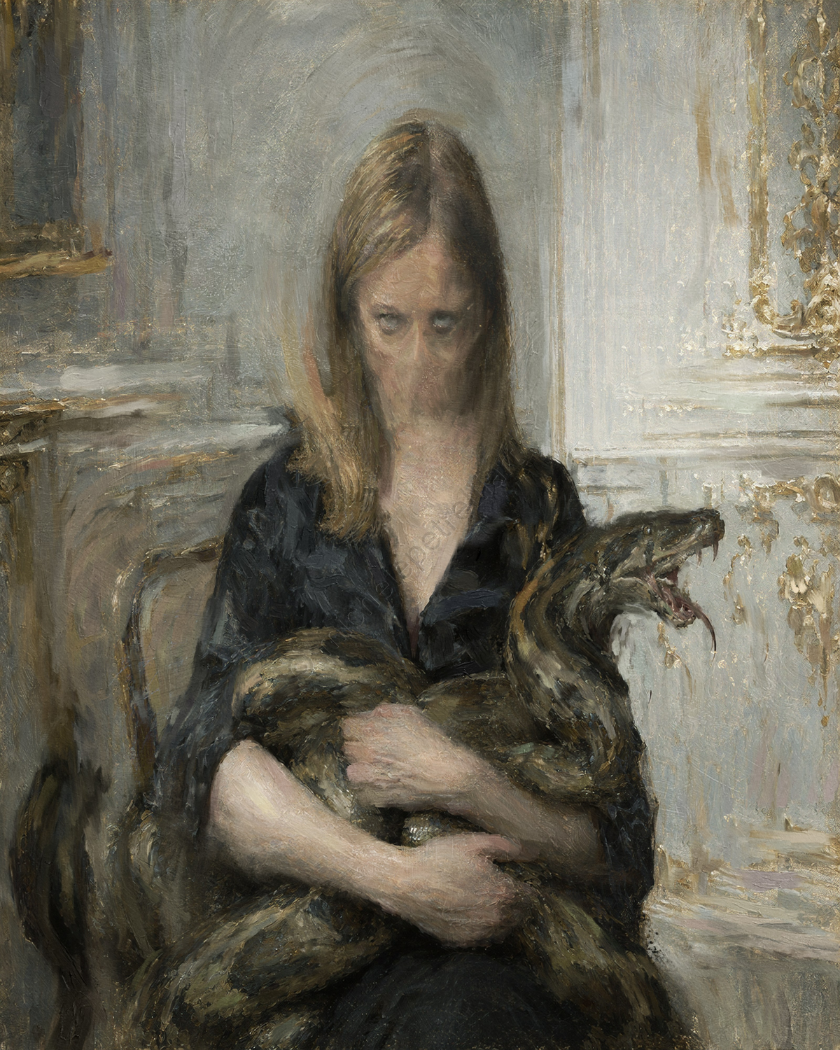 Rinchiusa in un palazzo dorato, cieca di fronte al tumulto esterno, la figura incarna una moderna Maria Antonietta. Stringe in grembo una creatura mio